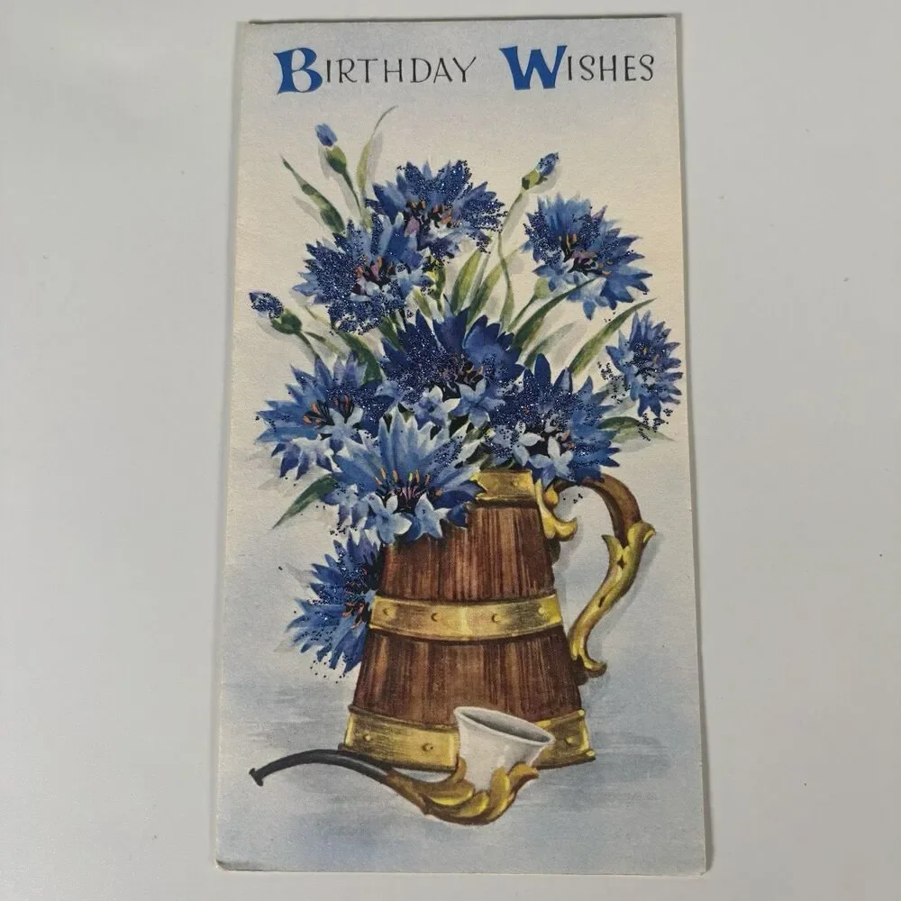 Vintage Birthday Wishes Card Blue Flowers Glitter Famous Artists Studios Floral